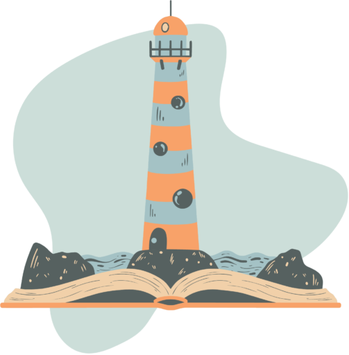 Illustrated lighthouse popping out from the centre of a book.